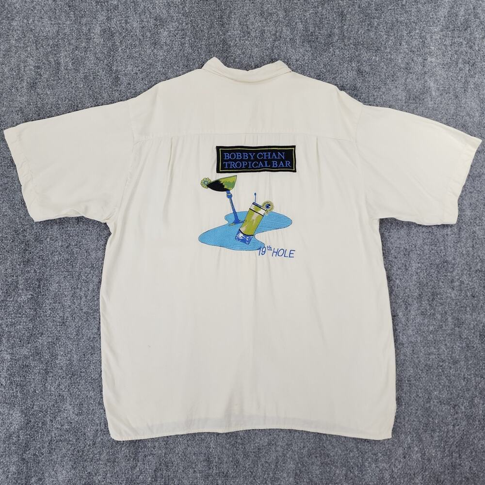 Bobby Chan Shirt Mens Large Cream Silk Bamboo Tropical Bar 19th Hole Casual Golf